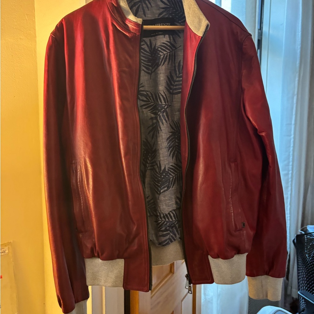 Red leather bomber with linen lining